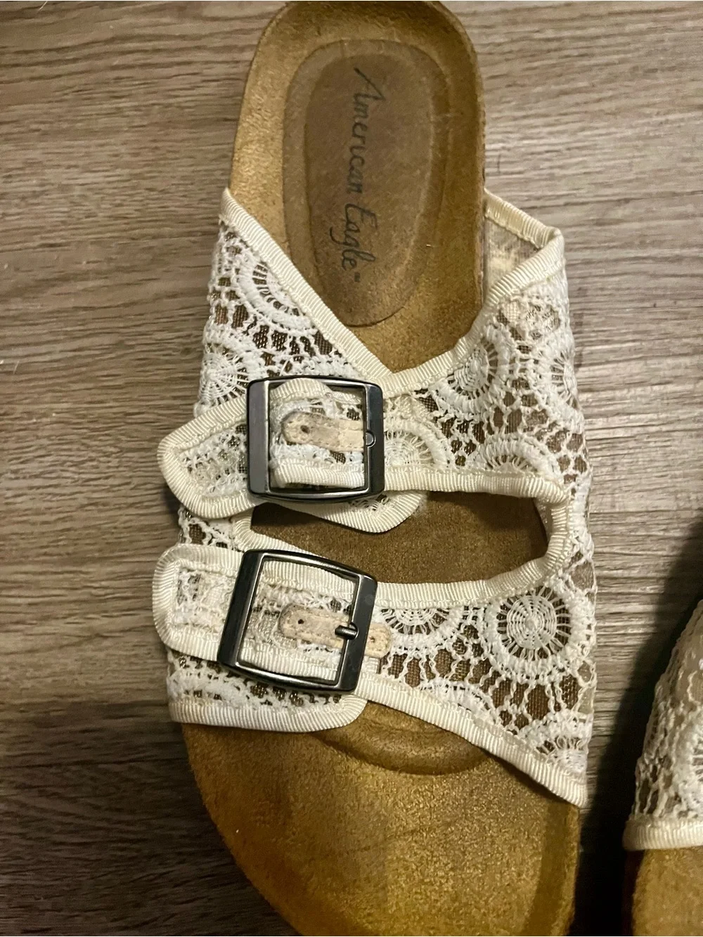American Eagle Outfitters Cream Lace Crochet Double-Buckle Slide Sandals